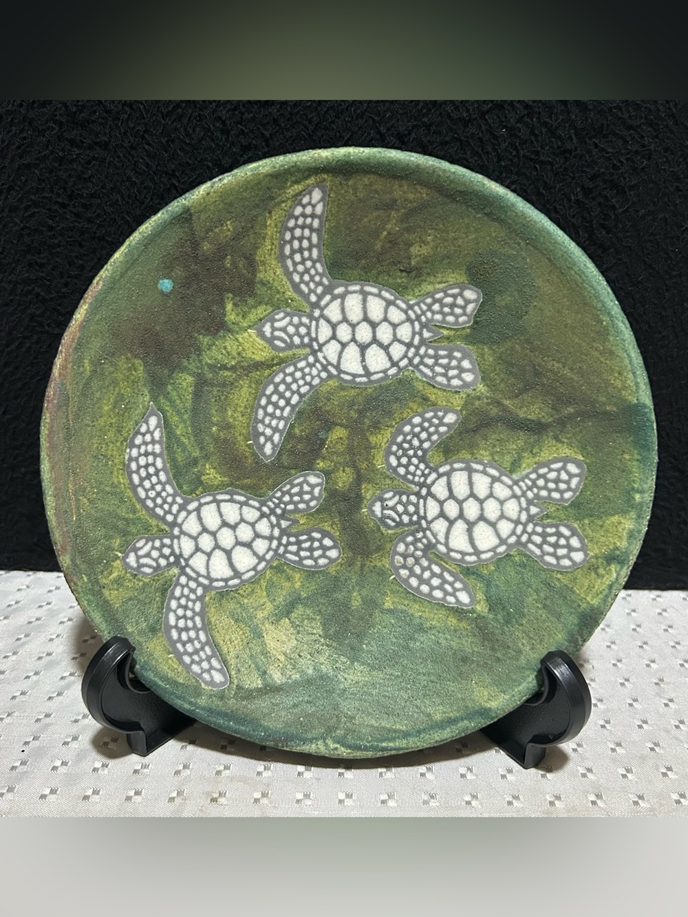 RAKU Pottery Marine Dream Sea Turtle Dish/Bowl Signed J Diller Iridescent